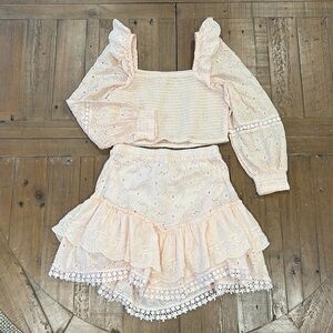 River island peach lace crop top and skirt set